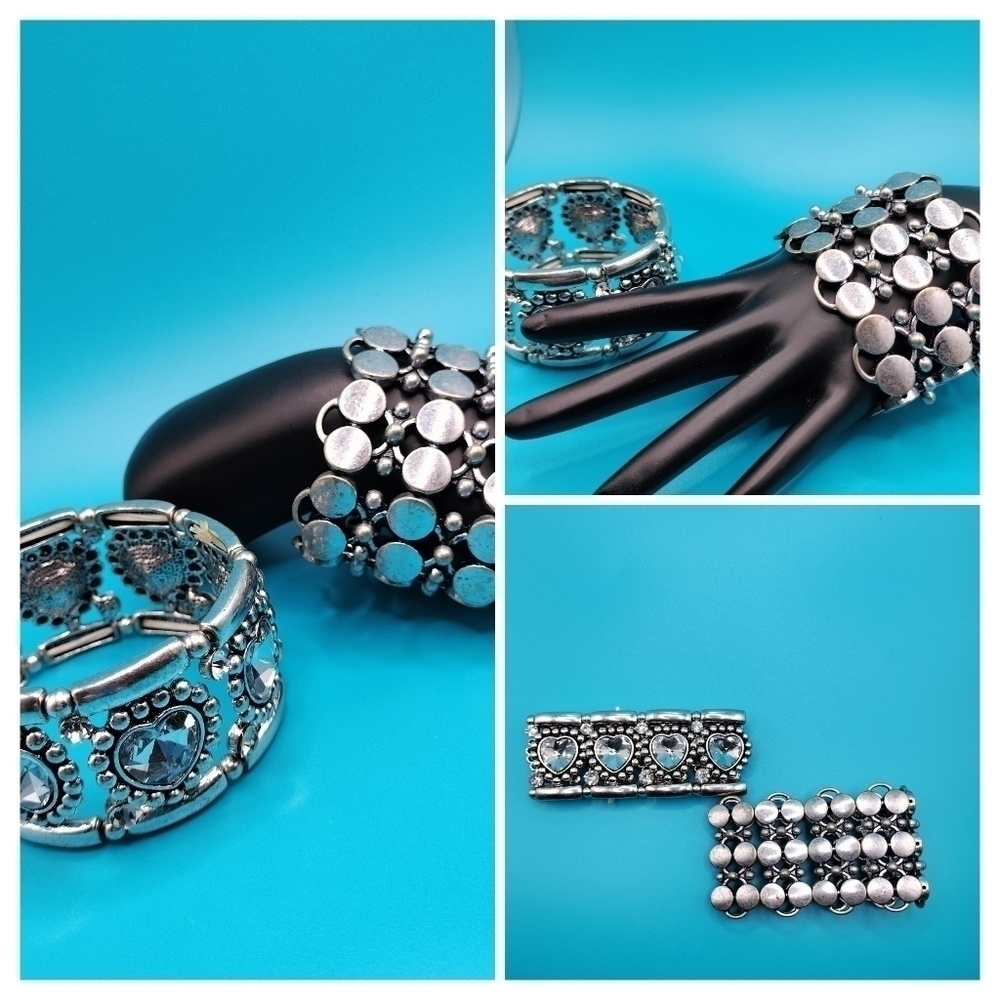 Set of 2 Silver Tone Link Stretchy Bracelets Mix Abstract Pattern